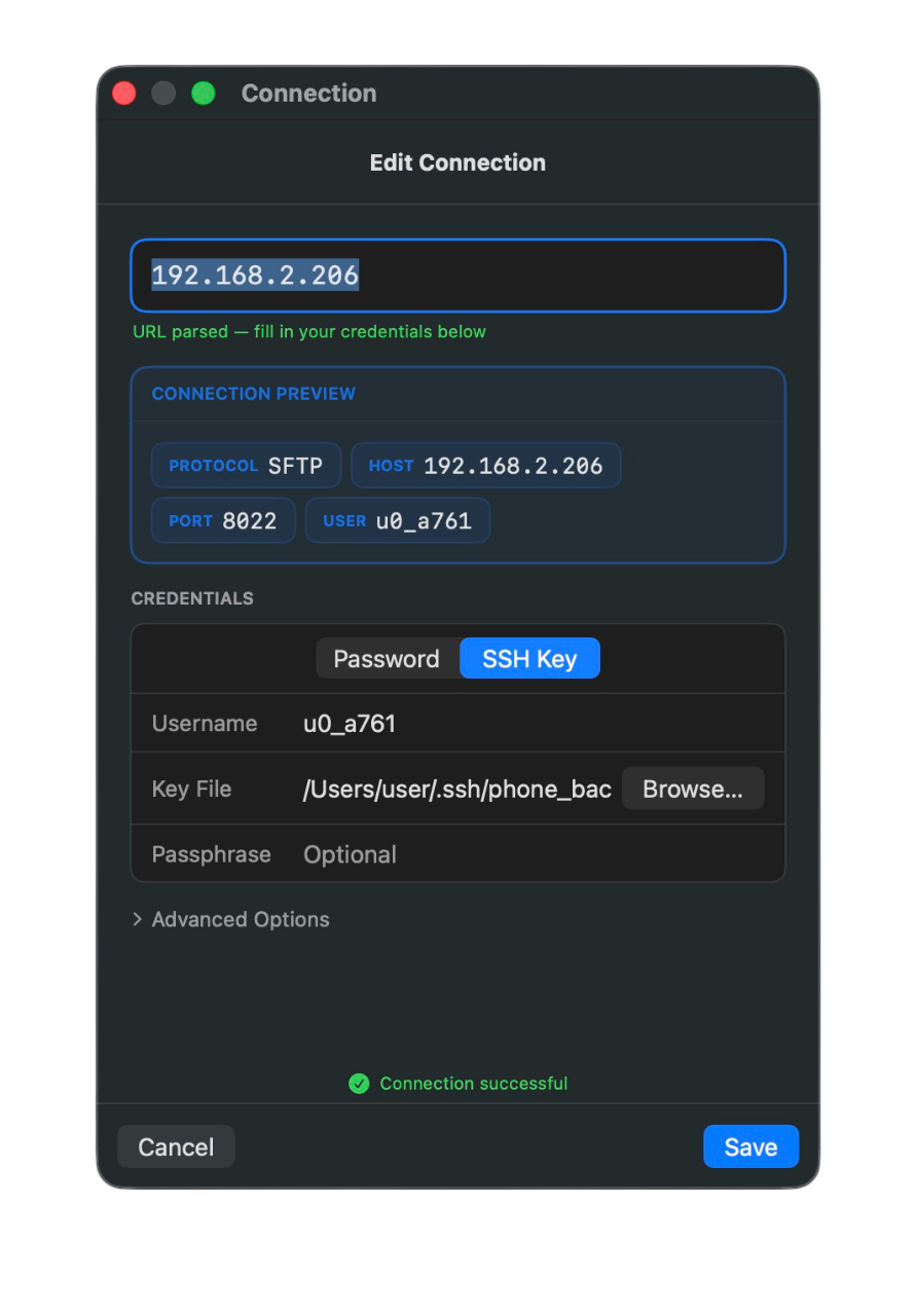 SteadyMount edit connection form with smart service detection