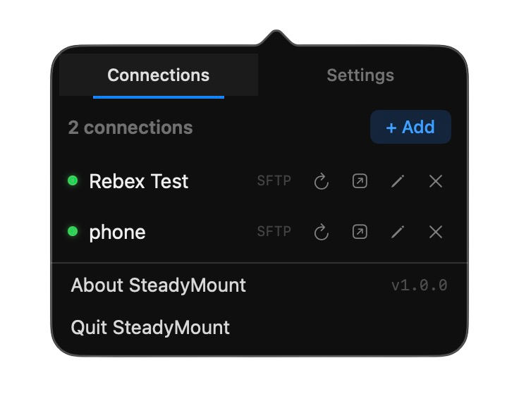 SteadyMount connections panel showing two connected servers
