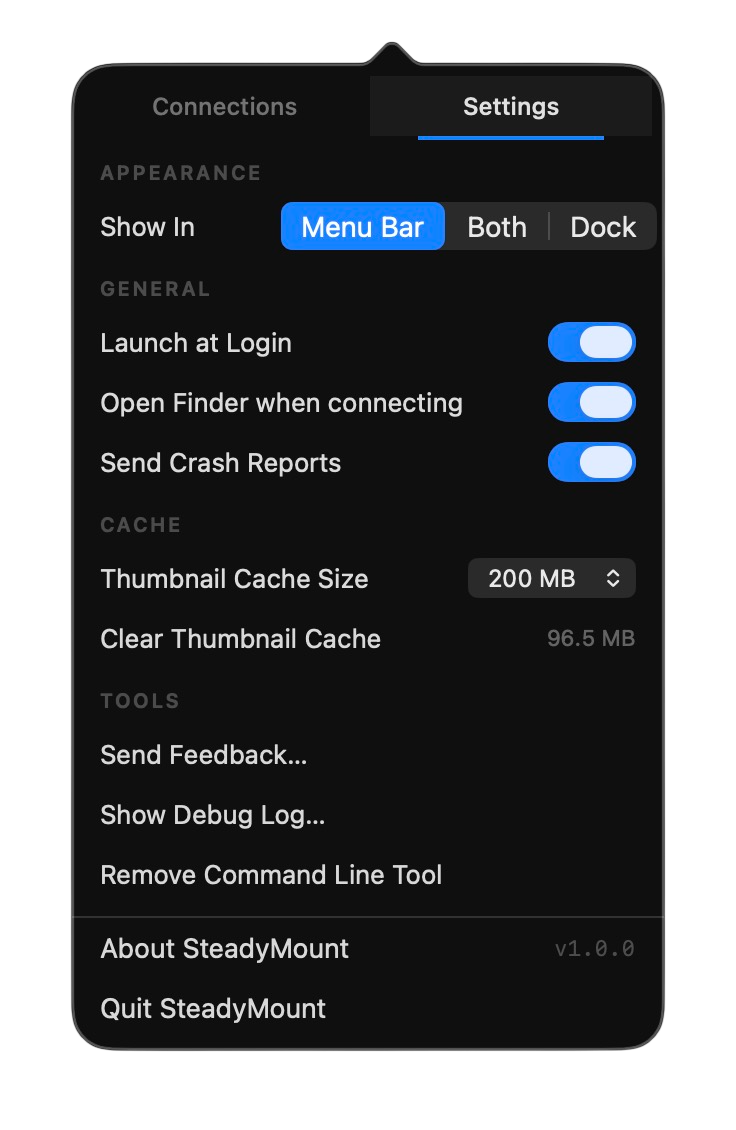 SteadyMount settings panel